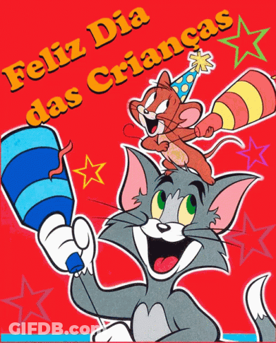 A Cartoon Of Tom And Jerry With The Words Feliz Dia Das Criancas Above Them GIF