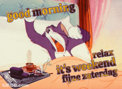 A Cartoon Of Tom And Jerry With The Words Good Morning Relax It 'S Weekend Fijne Zaterdag GIF