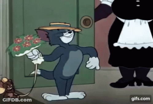 A Cartoon Of Tom Holding A Bouquet Of Flowers While Standing Next To A Maid . GIF