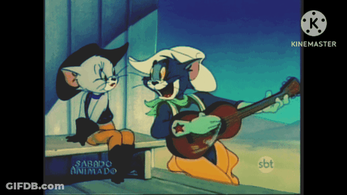 A Cartoon Of Tom Playing A Guitar And Jerry Sitting On A Bench With The Words Sabado Animado Below Them GIF