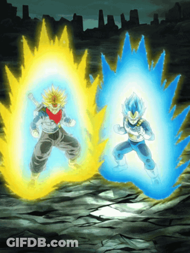 A Cartoon Of Trunks And Vegeta In A Battle GIF
