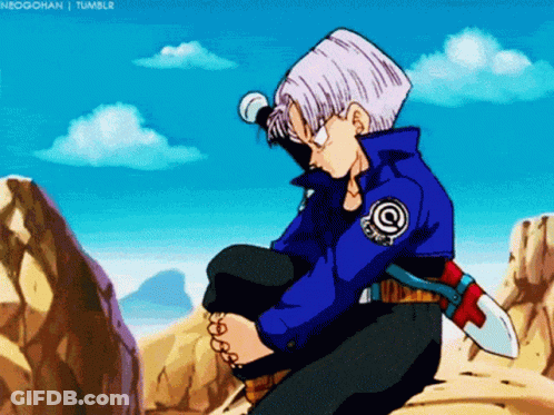 A Cartoon Of Trunks From Dragon Ball Z Is Holding A Microphone GIF