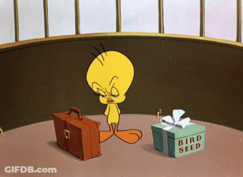 A Cartoon Of Tweety With A Briefcase And A Box That Says Bird Seed GIF