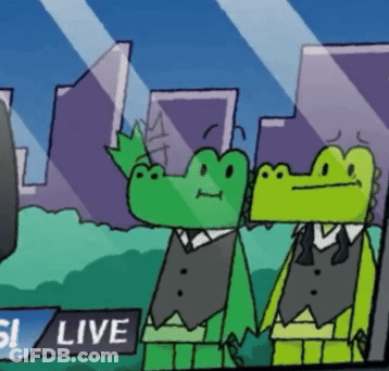 A Cartoon Of Two Alligators Standing In Front Of A Sign That Says " Live " GIF
