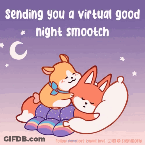 A Cartoon Of Two Animals Hugging Each Other With The Words Sending You A Virtual Good Night Smootch Below Them GIF