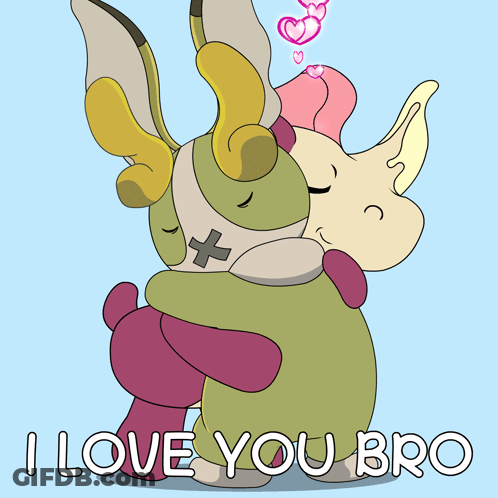 A Cartoon Of Two Animals Hugging With The Words " I Love You Bro " Underneath GIF