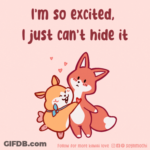 A Cartoon Of Two Animals Hugging With The Words I 'M So Excited GIF