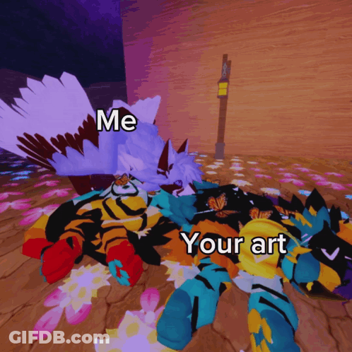 A Cartoon Of Two Animals Laying Next To Each Other With The Words " Me Your Art " GIF
