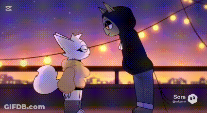 A Cartoon Of Two Animals Standing Next To Each Other On A Balcony . GIF