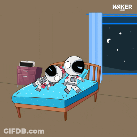 A Cartoon Of Two Astronauts Sitting On A Bed With A Waker Game In The Background GIF