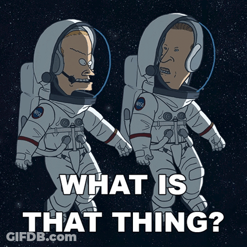 A Cartoon Of Two Astronauts With The Words " What Is That Thing " Below Them GIF