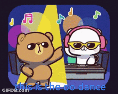 A Cartoon Of Two Bears Dancing With The Words " This Is The Oo Dance " Above Them GIF