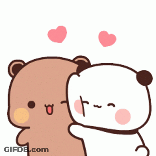 A Cartoon Of Two Bears Hugging Each Other With Hearts In The Background GIF