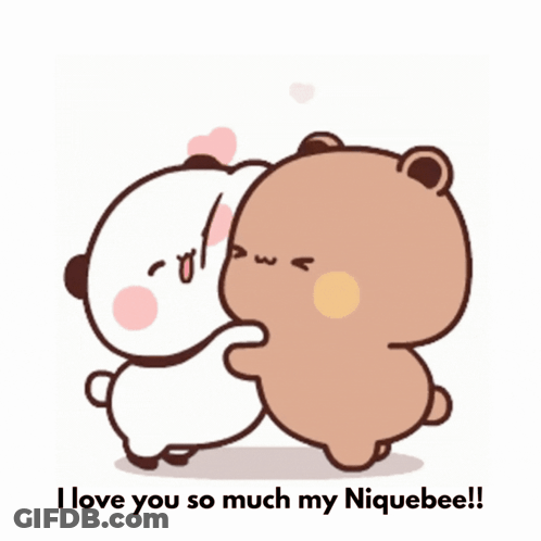 A Cartoon Of Two Bears Hugging With The Words " I Love You So Much My Niquebee " Below Them GIF