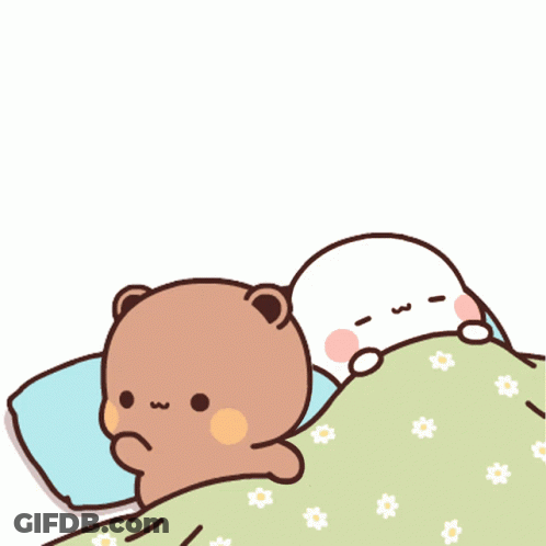 A Cartoon Of Two Bears Laying In A Bed With Chinese Writing GIF