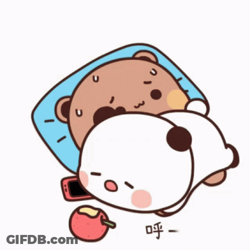 A Cartoon Of Two Bears Laying Next To Each Other On A Bed GIF