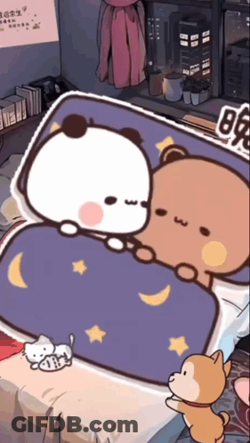 A Cartoon Of Two Bears Laying On A Bed With A Sign That Says ' 晚 ' On It GIF