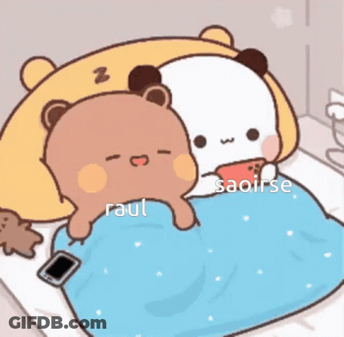 A Cartoon Of Two Bears Laying On A Bed With The Words Raul And Saoirse Written On The Bottom GIF