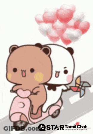 A Cartoon Of Two Bears Riding A Pink Scooter With Balloons Behind Them GIF