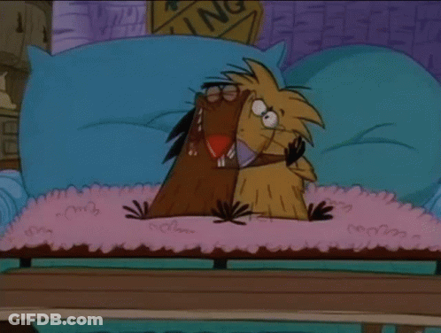 A Cartoon Of Two Beavers Sitting On A Couch With A Sign That Says N On It GIF