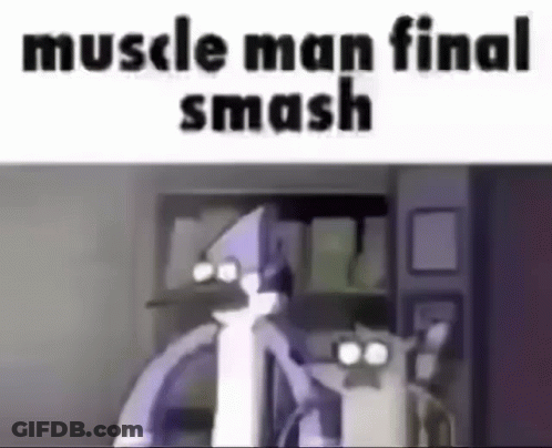 A Cartoon Of Two Birds Standing Next To Each Other With The Words `` Muscle Man Final Smash '' Written Above Them . GIF