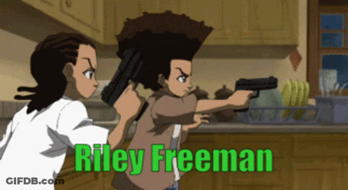 A Cartoon Of Two Boys Holding Guns With The Name Riley Freeman Below Them GIF
