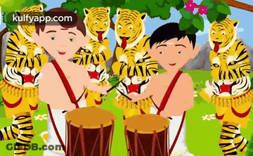 A Cartoon Of Two Boys Playing Drums In Front Of A Tiger Costume . GIF