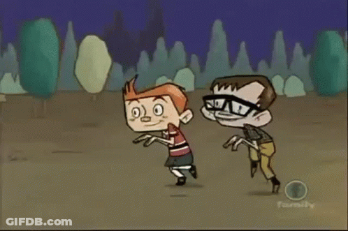 A Cartoon Of Two Boys Running In A Cemetery With The Word Family In The Corner GIF