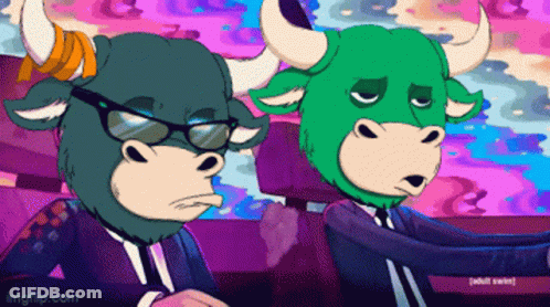 A Cartoon Of Two Bulls Wearing Suits And Sunglasses With The Words Adult Swim Below Them GIF