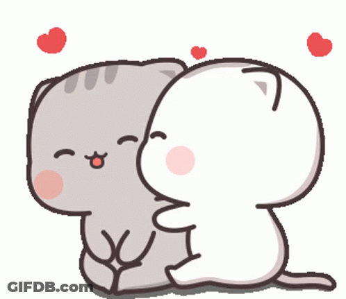 A Cartoon Of Two Cats Hugging Each Other With Hearts Floating Above Them GIF