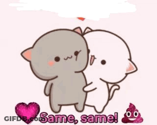 A Cartoon Of Two Cats Hugging Each Other With The Words `` Same , Same ! '' . GIF