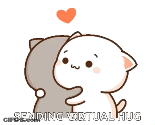 A Cartoon Of Two Cats Hugging Each Other With The Words `` Sending Ddtual Hug '' Below Them GIF