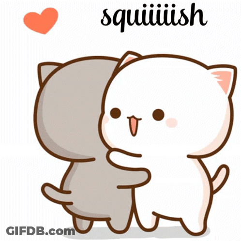 A Cartoon Of Two Cats Hugging Each Other With The Words Squiiiiish Above Them GIF