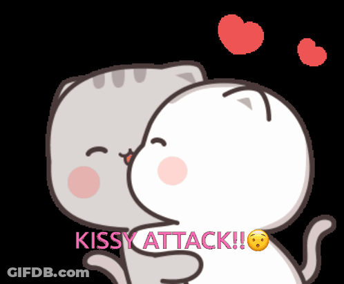 A Cartoon Of Two Cats Kissing With The Words Kissy Attack Written Below Them GIF