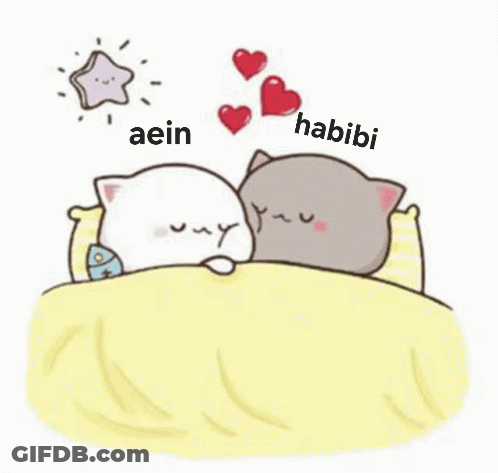 A Cartoon Of Two Cats Laying In Bed With Hearts Coming Out Of Them . GIF