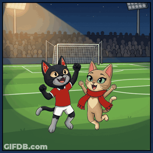 A Cartoon Of Two Cats On A Soccer Field With A Crowd In The Background GIF