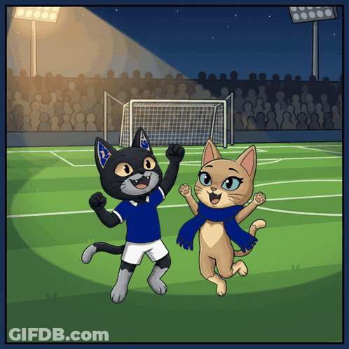 A Cartoon Of Two Cats On A Soccer Field With A Crowd In The Background GIF