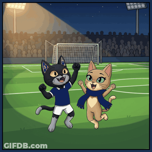 A Cartoon Of Two Cats On A Soccer Field With A Crowd In The Background GIF