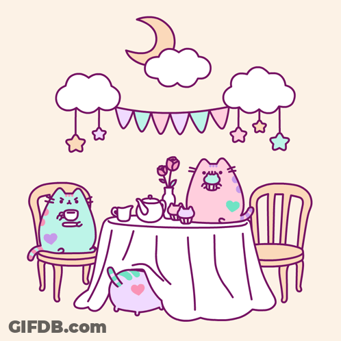 A Cartoon Of Two Cats Sitting At A Table With Cupcakes GIF