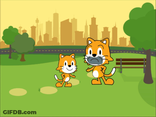 A Cartoon Of Two Cats Walking In A Park GIF