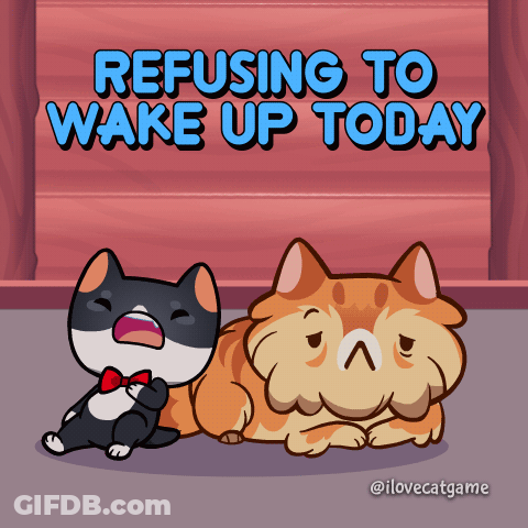 A Cartoon Of Two Cats With The Words " Refusing To Wake Up Today " GIF