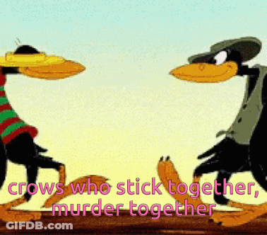 A Cartoon Of Two Crows Standing Next To Each Other With The Words " Crows Who Stick Together Murder Together " GIF