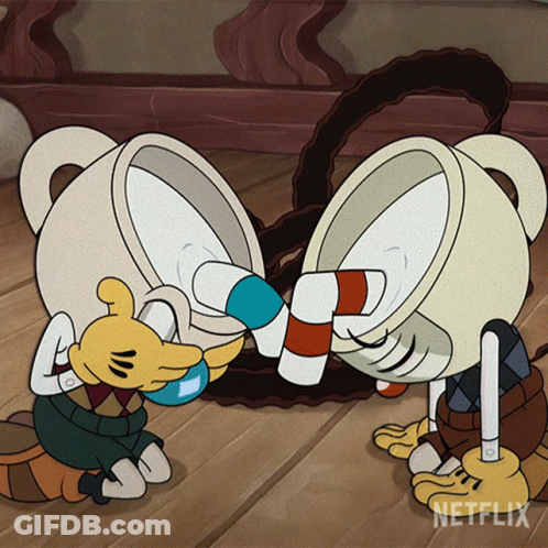 A Cartoon Of Two Cuphead Characters Drinking From A Cup GIF