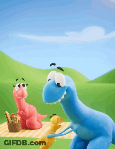 A Cartoon Of Two Dinosaurs Having A Picnic With A Basket Of Food GIF
