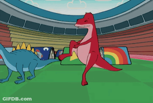 A Cartoon Of Two Dinosaurs Standing In A Stadium With A Rainbow In The Background GIF