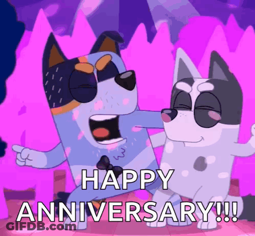 A Cartoon Of Two Dogs Dancing With The Words Happy Anniversary !!! GIF