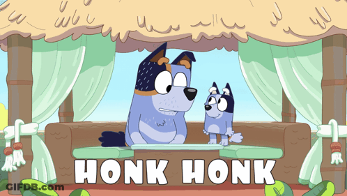 A Cartoon Of Two Dogs Sitting Under A Canopy With Honk Honk Written Below Them GIF