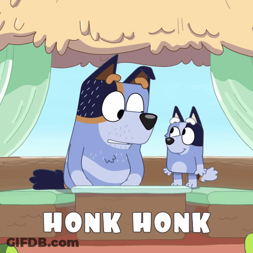 A Cartoon Of Two Dogs Standing Next To Each Other With Honk Honk Written Below Them GIF