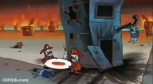 A Cartoon Of Two Firefighters Holding A Pizza In Front Of A Burning Building . GIF