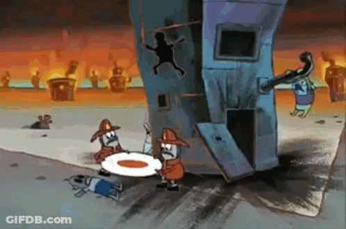 A Cartoon Of Two Firefighters Standing Next To A Burning Building GIF